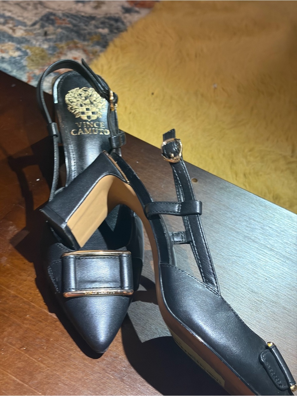 Vince Camuto Black Pointed Toe Slingback Pumps with Buckle Detail - Picture 3 of 12